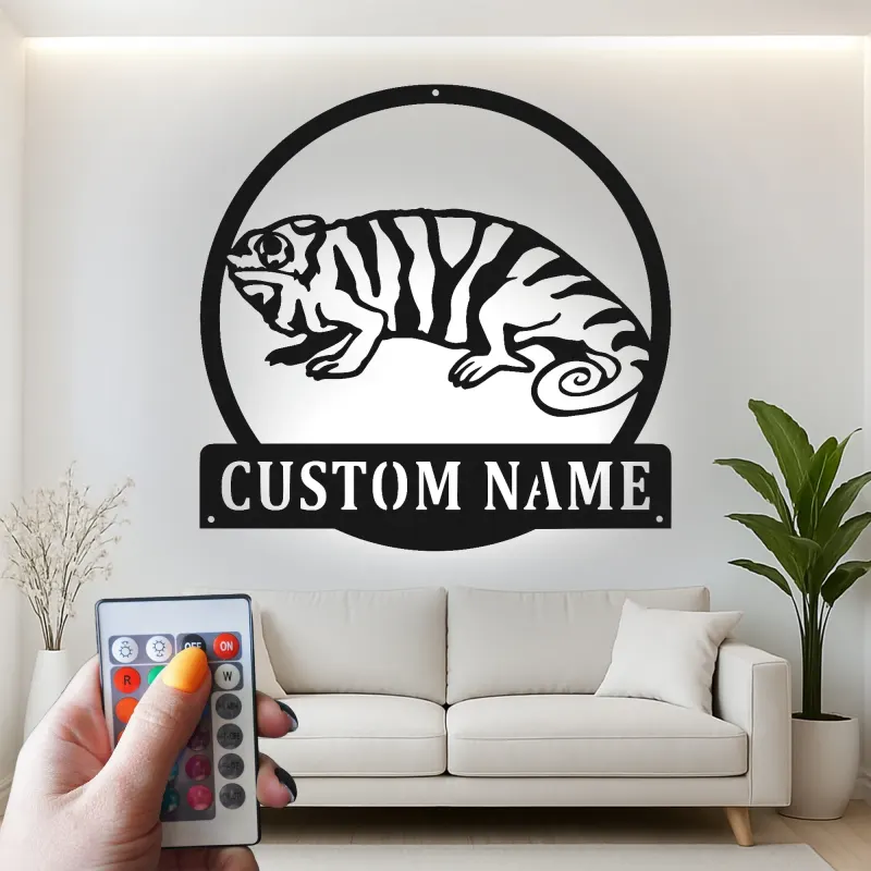 Décoration murale en métal personnalisée avec éclairage LED Chameleon pour les amoureux des reptiles - Cadeau unique pour la chambre