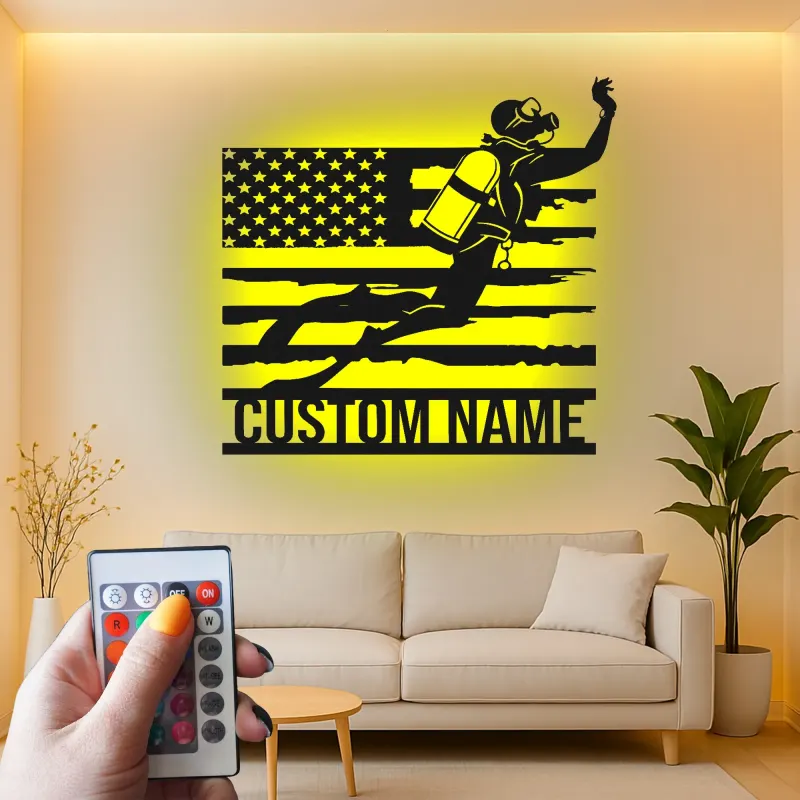 Scuba Diver American Flag LED Art | Personalized Metal Wall Decor | Custom Name Sign for Divers | Nautical Gift