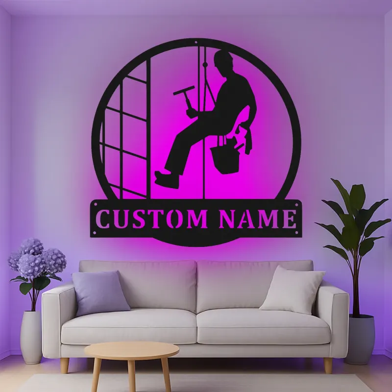 Décoration murale en métal personnalisée pour nettoyeurs de vitres avec rétroéclairage LED - Cadeau unique pour nettoyeurs - Décor mural de bureau