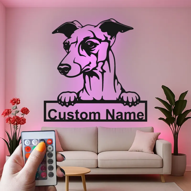 Cartel personalizado con nombre de galgo | Decoración mural de metal con LED | Decoración personalizada para mascotas en la entrada | Regalo para amantes de los perros