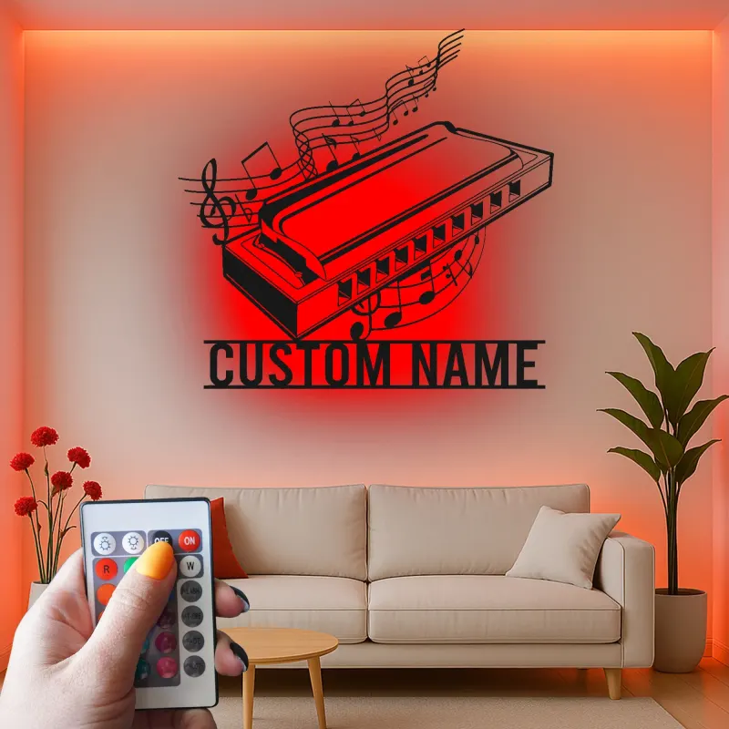 Personalisiertes Harmonica LED-Schild | Metall Musiker Wandkunst | Individuelle Musikzimmer Dekoration | Geschenk für Bluesliebhaber