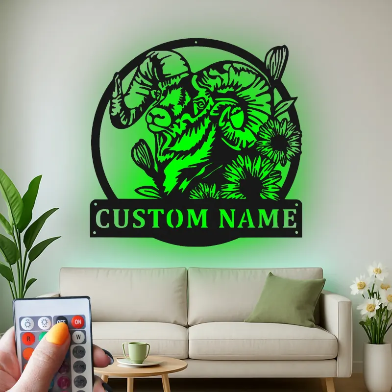 Custom Ram Led Light Metal Wall Art Personalized Gift for Nature Lovers Rustic Home Decor