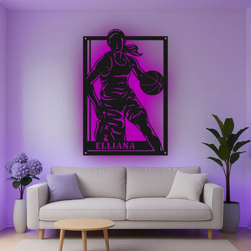Custom Female Basketball Player Led Light Metal Wall Art Personalized Athlete Gift Game Room Sports Decor