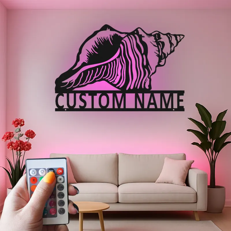 Insegna in metallo Conchiglia personalizzata con LED | Arte murale nautica personalizzata | Decorazione costiera per amanti dell'oceano