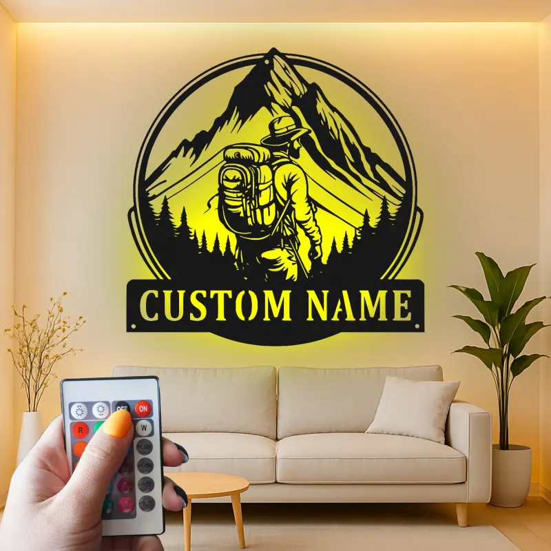 Custom Hiker Metal Wall Art | Personalized LED Light Sign for Mountain Decor | Outdoor Adventure Gift for Nature Lovers