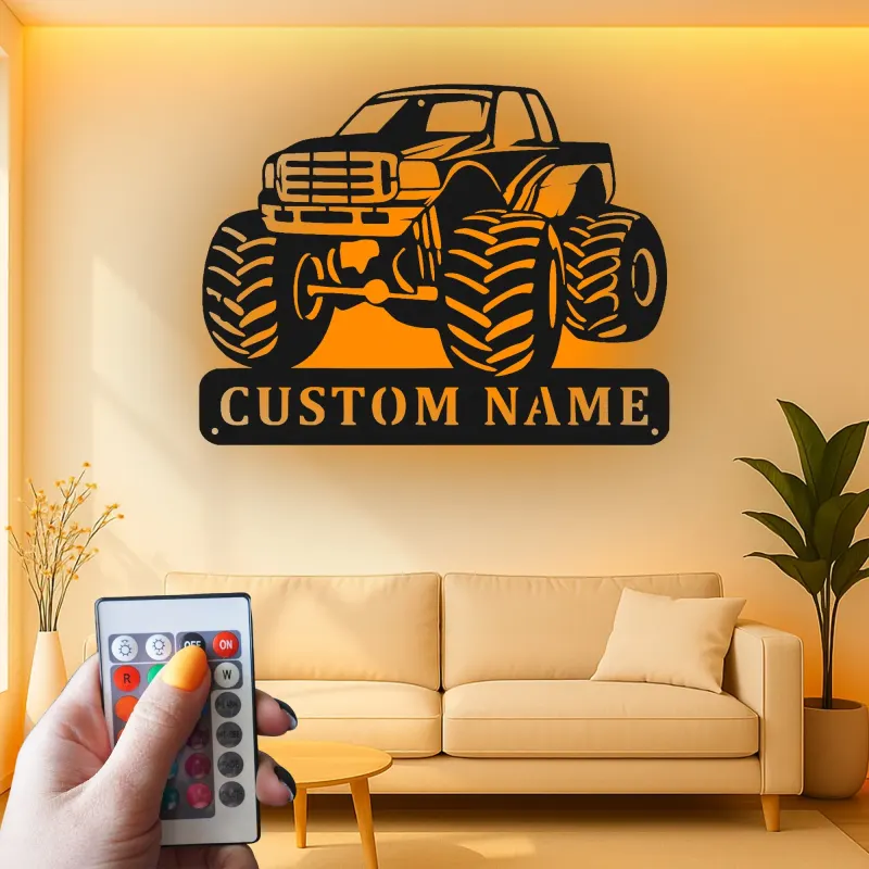 Insegna in Metallo Monster Truck Personalizzata | Luce LED da Parete Personalizzata per Stanza dei Bambini | Decorazione Veicolo Fuoristrada | Regalo per Ragazzi