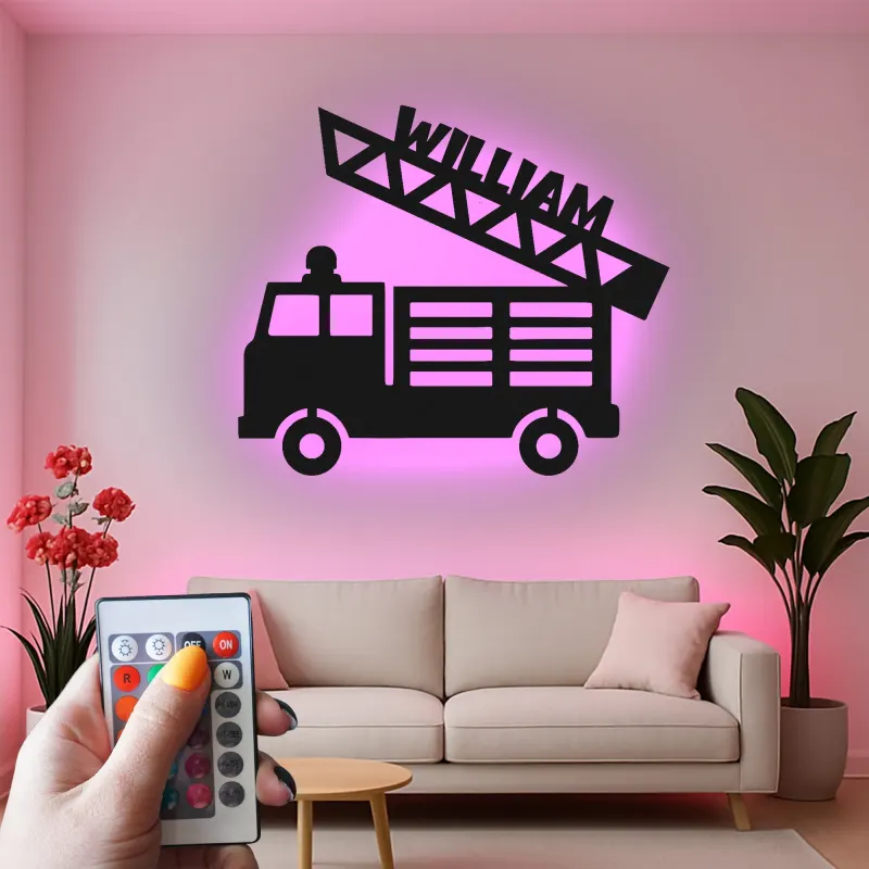 Personalized Fire Truck Name Sign | LED Metal Wall Art for Boys Room | Custom Kids Decor | Nursery Night Light