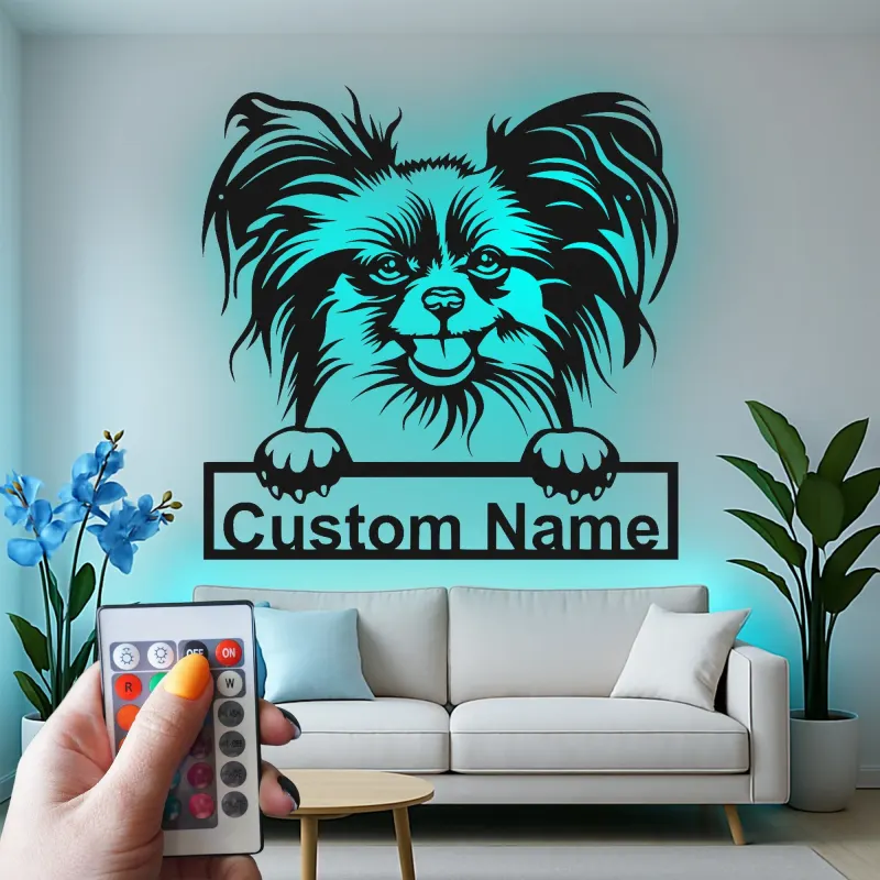 Art Murale Métal LED Chien Papillon | Panneau de Nom Personnalisé pour Animal de Compagnie | Cadeau Personnalisé pour Maman Chien | Décoration Moderne pour Salon