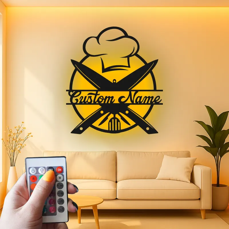 Décoration murale en métal personnalisée Chapeau de Chef et Ustensiles avec rétroéclairage LED