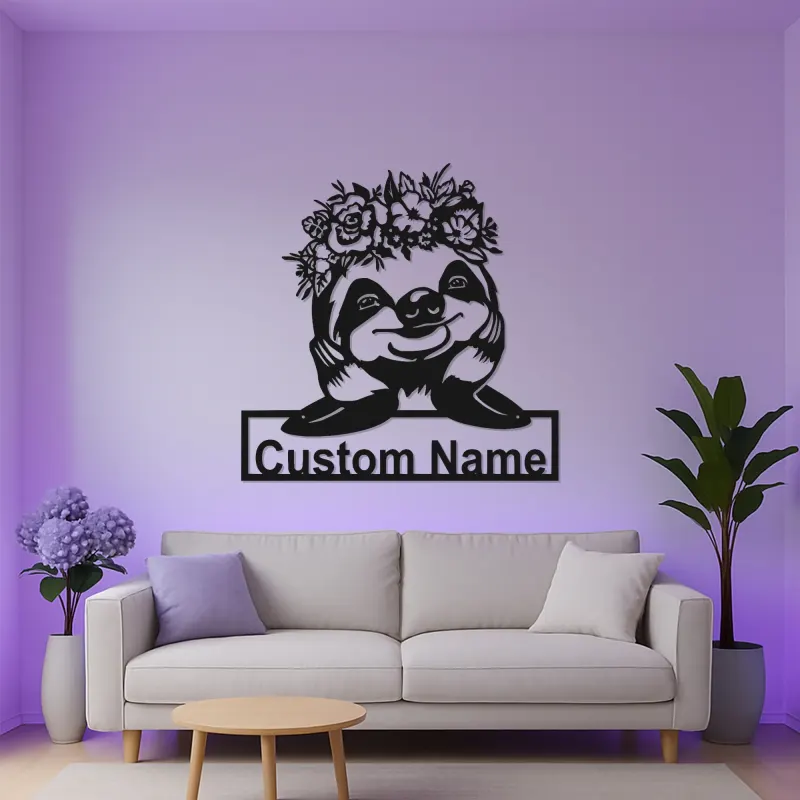 Insegna con Nome Personalizzata di Bradipo con LED | Insegna in Metallo Personalizzata | Decorazione per Nursery e Stanza dei Bambini | Luce Animale Floreale