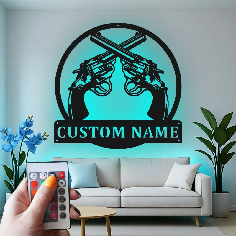 Arte da parete in metallo personalizzata con revolver incrociati | Insegna western LED | Regalo cowboy personalizzato | Arredo rustico per man cave