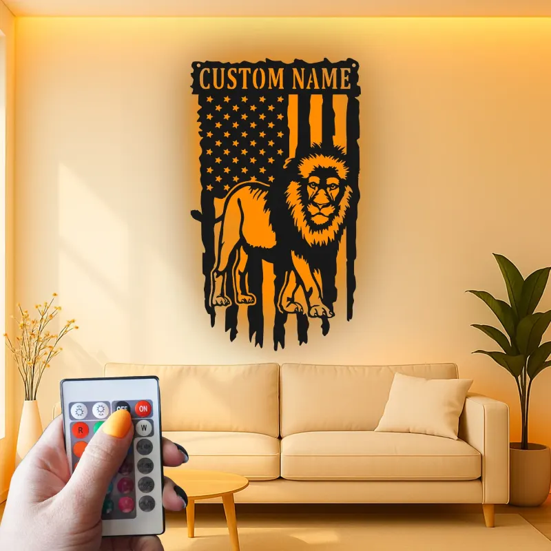 Custom Lion American Flag Metal Sign | LED Patriotic Wall Art for Office & Home | Personalized Wildlife Decor Gift for Him