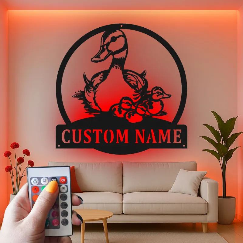 Cartel de metal personalizado con familia de patos y luz LED, regalo personalizado para amantes de la naturaleza, decoración para guardería o salón