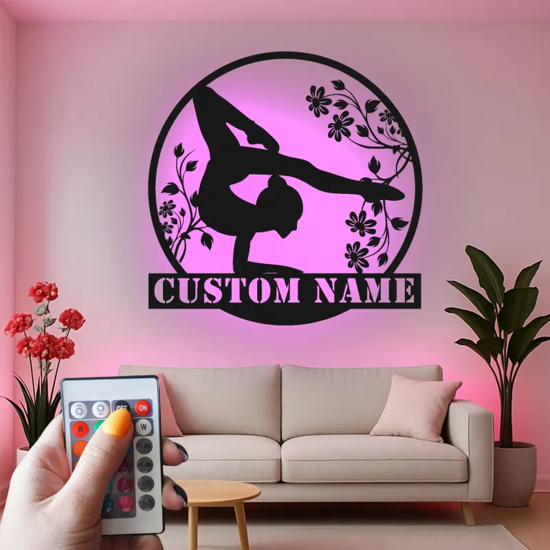 Arte murale LED in metallo per ginnastica | Insegna personalizzata con nome per cameretta ragazza | Decor floreale per ginnasta