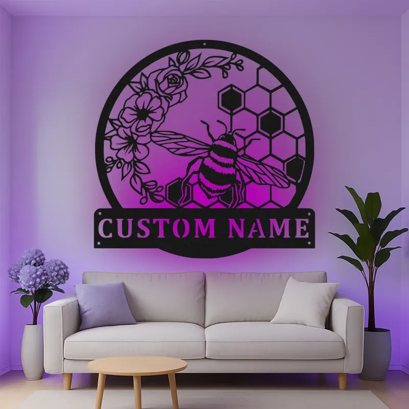 Décoration murale en métal personnalisée Abeille et Rayons de miel avec rétroéclairage pour les amoureux du jardin