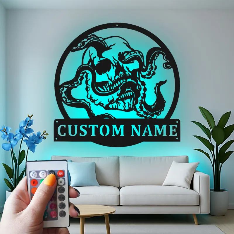 Panneau en métal LED Crâne & Pieuvre | Décoration murale personnalisée | Décor gothique nautique pour chambre de pirate, bar ou homme cave