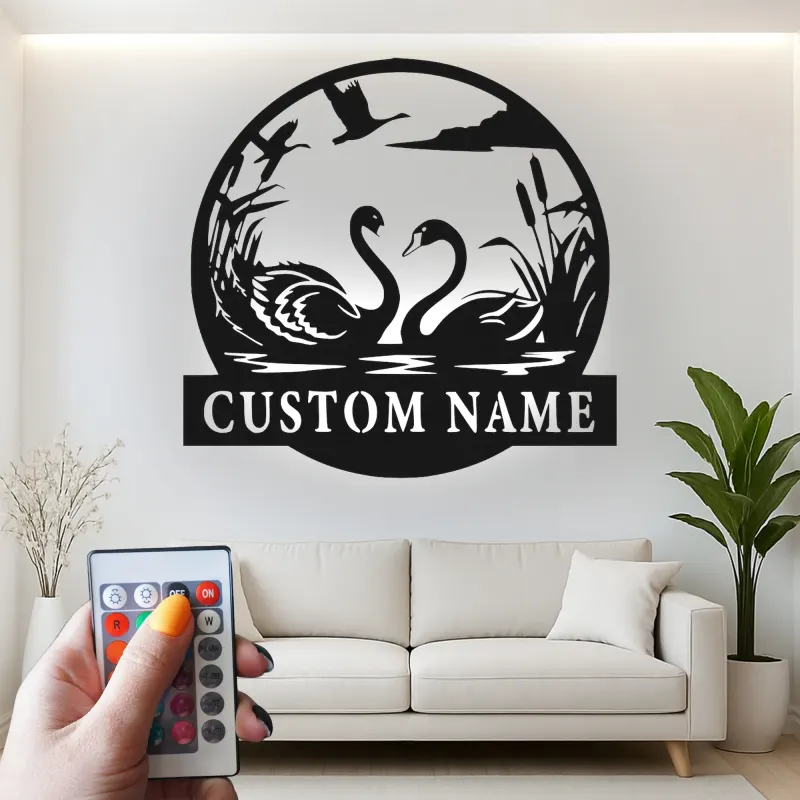 Insegna in metallo personalizzata con cigni | Arte murale retroilluminata a LED | Regalo romantico per matrimoni e anniversari