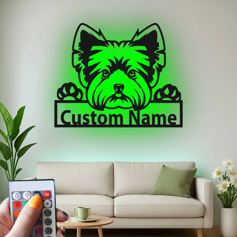 Cartel de metal LED personalizado de Yorkie, regalo para amantes de los perros, decoración para la sala de estar 1