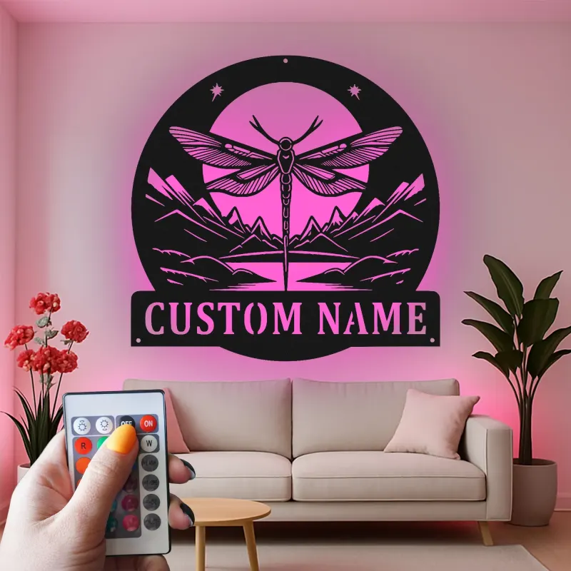 Custom Dragonfly Mountain Scene Led Light Metal Wall Art Personalized Nature Lover Gift Bedroom or Living Room Decor