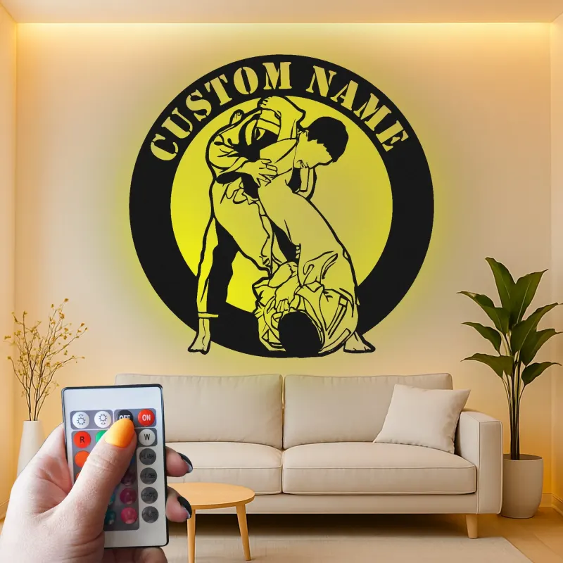 Décoration murale en métal personnalisée avec éclairage LED Jiu Jitsu Grapplers - Cadeau pour passionnés d'arts martiaux - Décor pour gym ou dojo