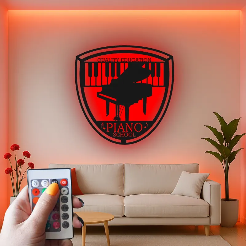 Insegna LED in metallo con pianoforte a coda | Logo personalizzato per scuola di musica | Arte da parete vintage per arredo studio