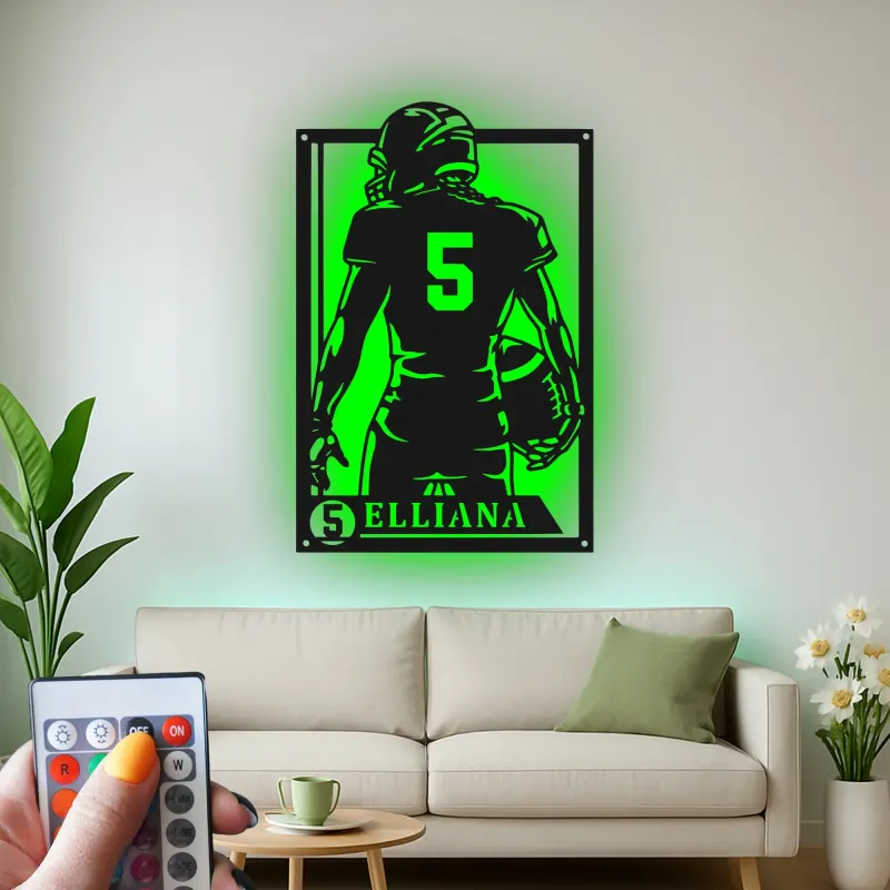 Personalized Football Player Metal Wall Art | Custom LED Sign with Name & Number | Teen Room Decor | Athlete Gift