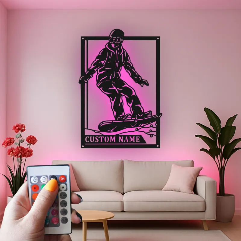 Cartel LED de snowboarder personalizado | Decoración mural de metal personalizada | Decoración de deportes de invierno para habitación de adolescentes o cabaña | Regalo de snowboard