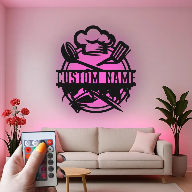 Personalisiertes Metall-Wandbild mit Kochmütze und LED-Beleuchtung – Küchen-Geschenk mit Namen
