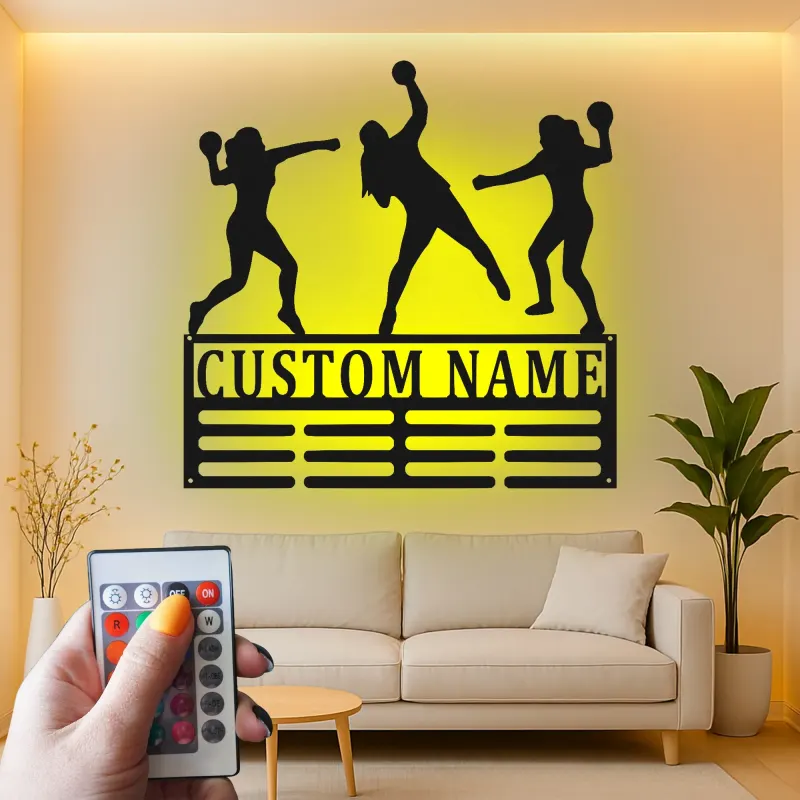 Insegna LED personalizzata con giocatrice di pallamano | Decorazione murale in metallo personalizzata | Regalo per squadra sportiva | Arredo palestra per atleta