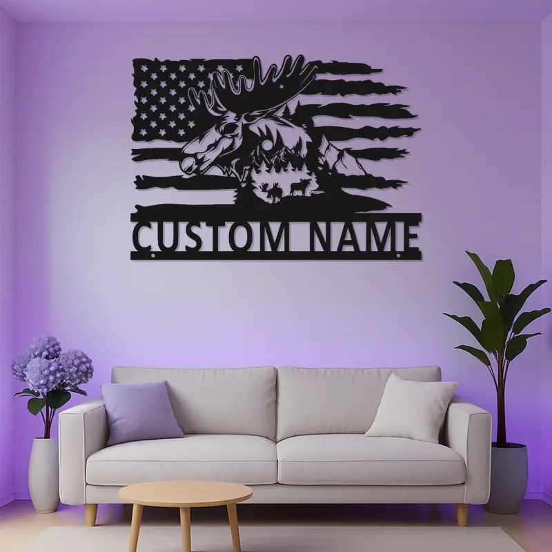 Custom Moose LED Metal Wall Art | Personalized Rustic Cabin Decor | Lighted American Flag Wildlife Sign | Hunter Gift