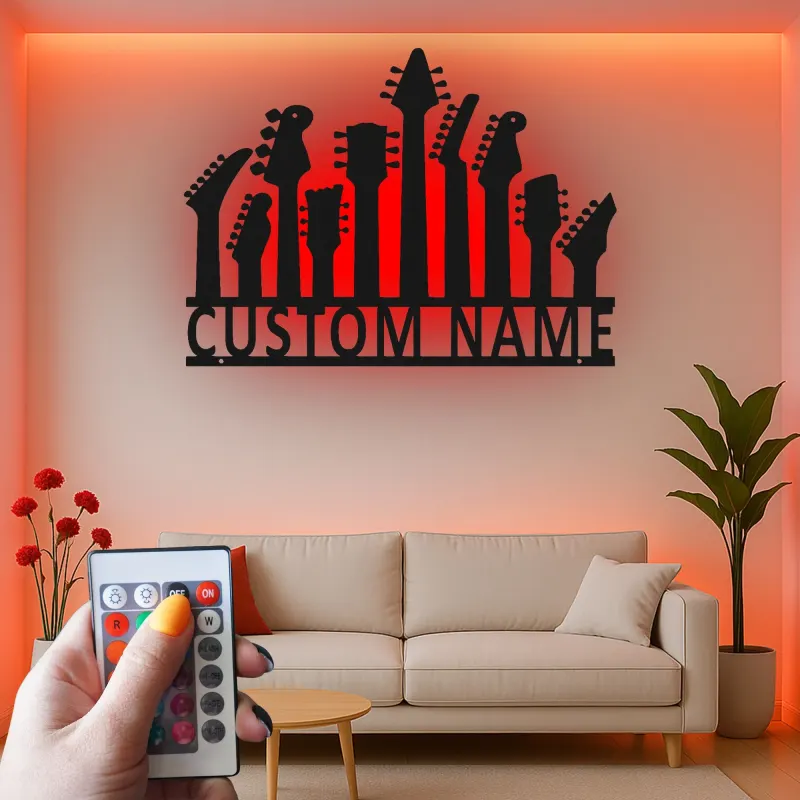 Panneau métallique personnalisé guitare avec LED | Décoration murale musicale sur mesure | Décoration murale en métal pour guitariste | Cadeau musicien