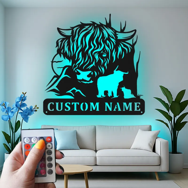 Decoración mural de metal LED de vaca de las Highlands | Decoración farmhouse personalizada | Letrero rústico a medida para amantes de los animales