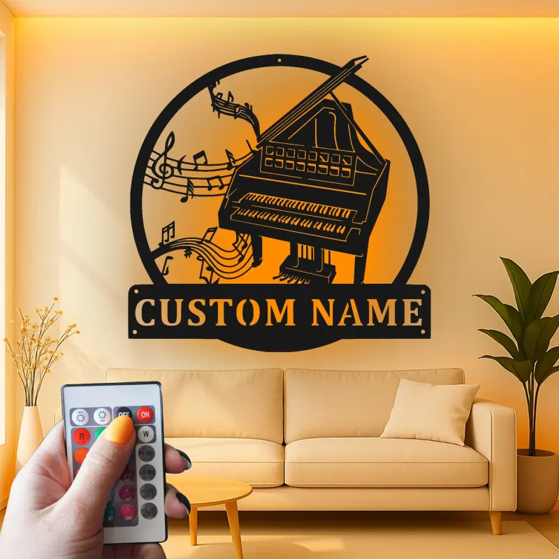 Panneau piano personnalisé avec LED | Décoration murale en métal sur mesure pour salle de musique | Déco silhouette piano à queue | Cadeau pour pianiste