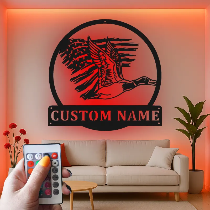 Cartel de metal LED personalizado de pato y bandera americana regalo para cazadores decoración de cabaña rústica