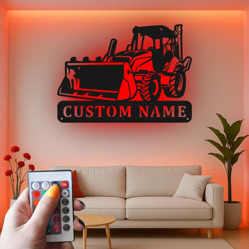 Décoration murale en métal personnalisée avec bulldozer rétroéclairé - Cadeau de construction pour lui - Décor de garage ou d'atelier