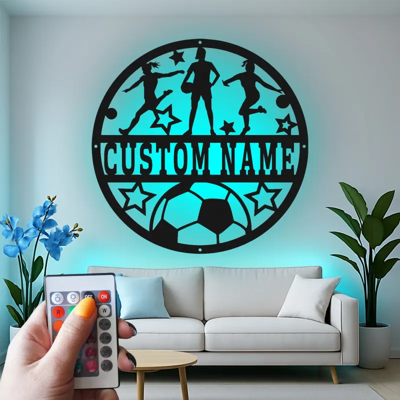 Insegna in metallo personalizzata con luce LED per calciatori, regalo personalizzato per appassionati di calcio, decorazione per sala giochi
