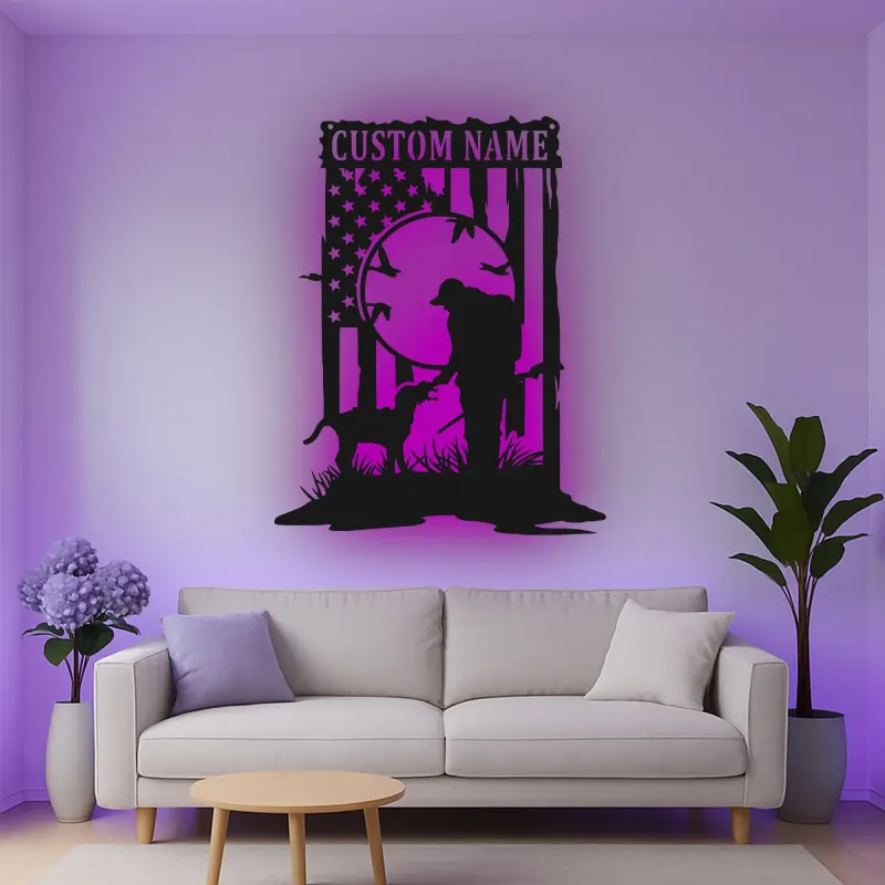 Insegna in metallo personalizzata con luce LED per cacciatori e cani, regalo personalizzato per amanti dell'outdoor, decorazione per man cave