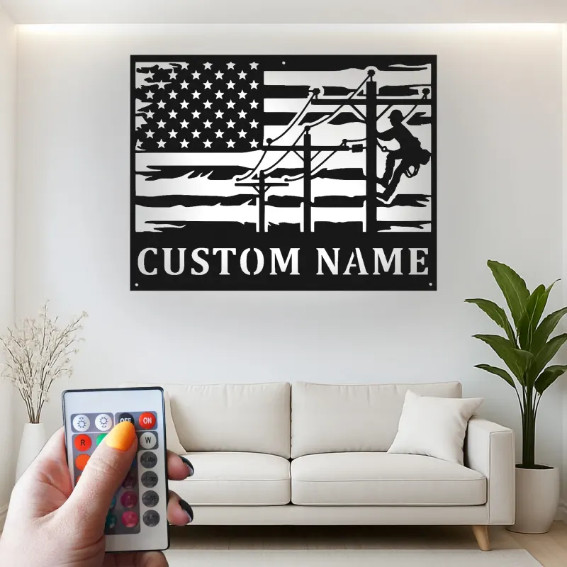 Cartel de metal personalizado para liniero | Arte LED con bandera americana personalizada | Regalo para electricista y decoración patriótica para trabajador de servicios públicos