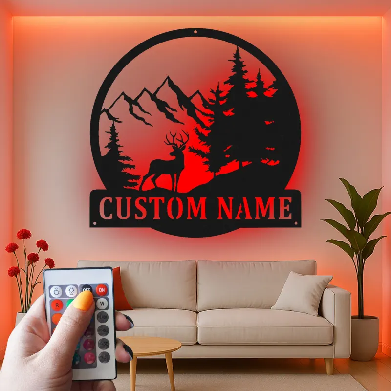 Custom Deer Mountain Scene Led Light Metal Wall Art Personalized Nature Lover Gift Cabin Decor