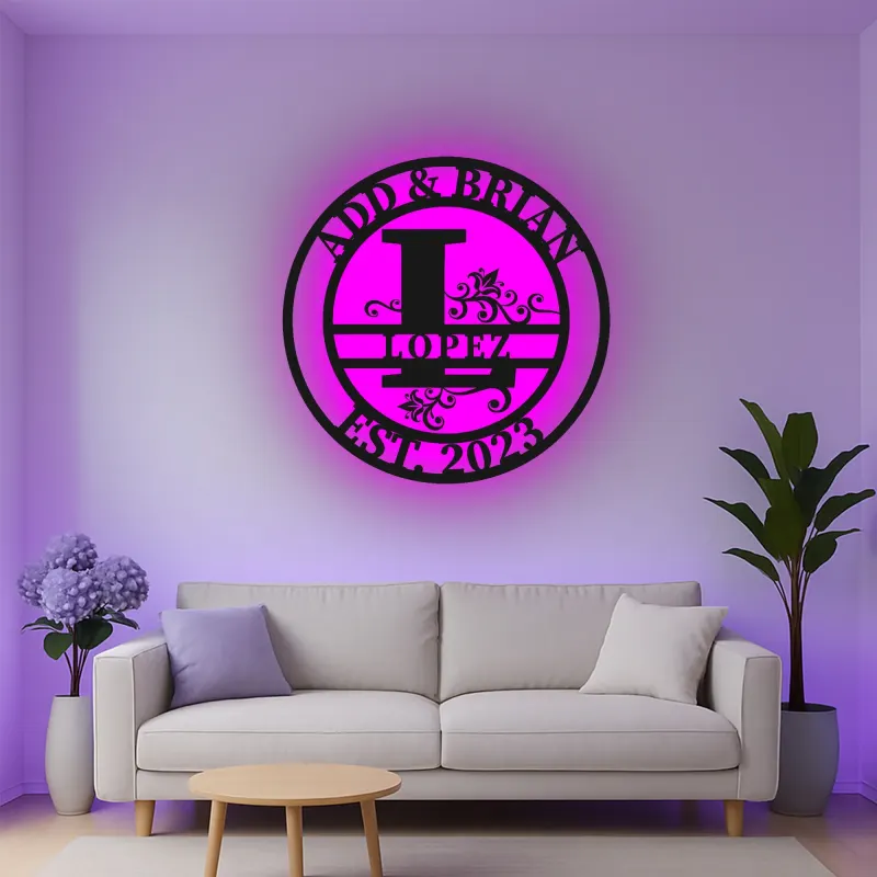 Décoration murale en métal personnalisée avec rétroéclairage LED - Cadeau de crémaillère personnalisé pour le salon avec date d'établissement