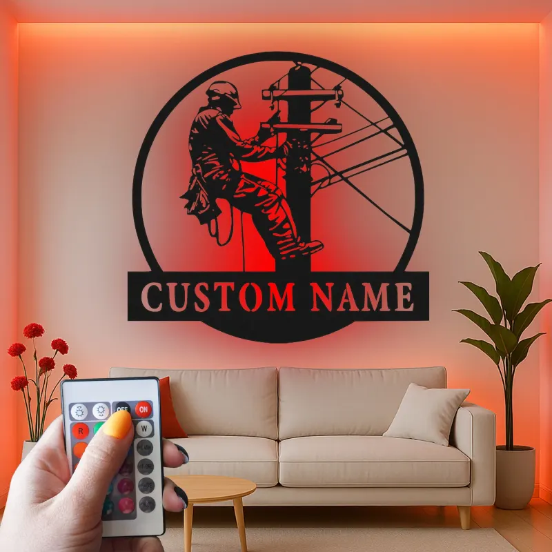 Arte mural LED de metal para liniero | Cartel personalizado con nombre para electricista | Regalo personalizado para trabajador de servicios públicos | Decoración industrial para oficina y garaje