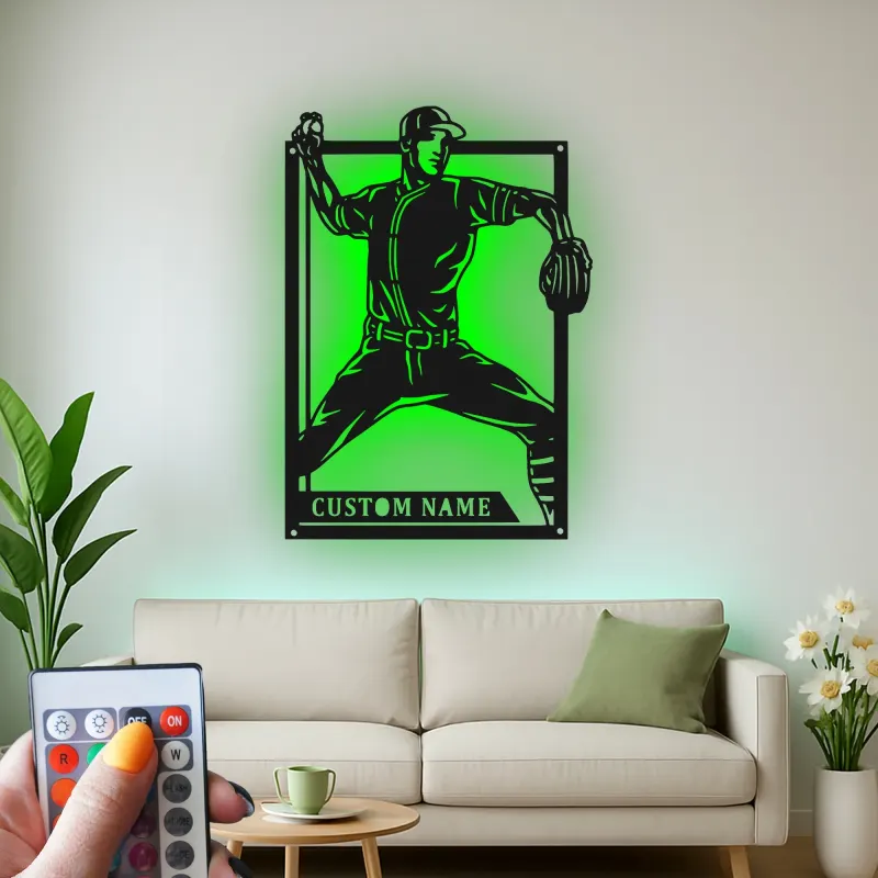 Insegna in metallo personalizzata con luce LED per lanciatore di baseball - Regalo personalizzato per appassionati di sport e decorazione per sala giochi