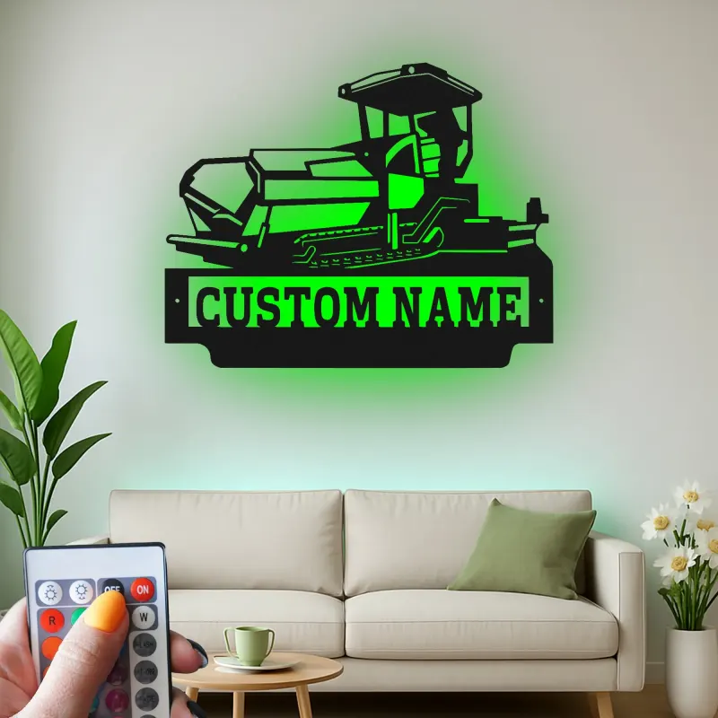 Décoration murale en métal personnalisée avec bulldozer rétroéclairé - Cadeau personnalisé pour passionné de construction - Décor de garage ou de bureau
