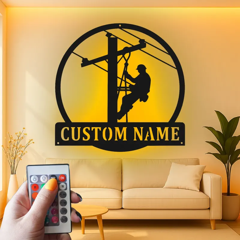 Arte da Parete in Metallo per Lineman | Insegna LED Personalizzata con Nome | Regalo Personalizzato per Elettricista | Decorazione per Lavoratori dei Servizi Pubblici