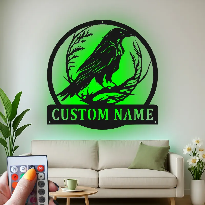 Personalisierte LED-Raben-Schild | Individuelle Gothic-Vogel-Metall-Wandkunst | Geschenk für Naturfreunde für Zuhause oder Büro