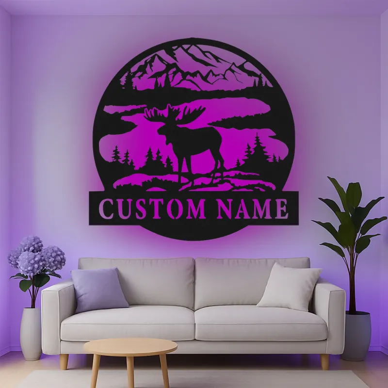 Custom Moose Mountain Scene Led Light Metal Wall Art Personalized Nature Lover Gift Cabin Decor