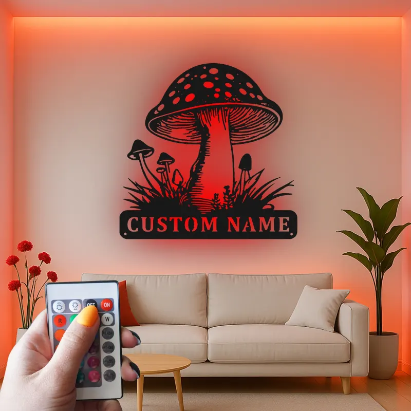 Personalisierte Pilz-Metallschild | LED Fungi Wandkunst | Vintage Wald Dekor für Naturliebhaber | Geschenk für Büro & Zuhause