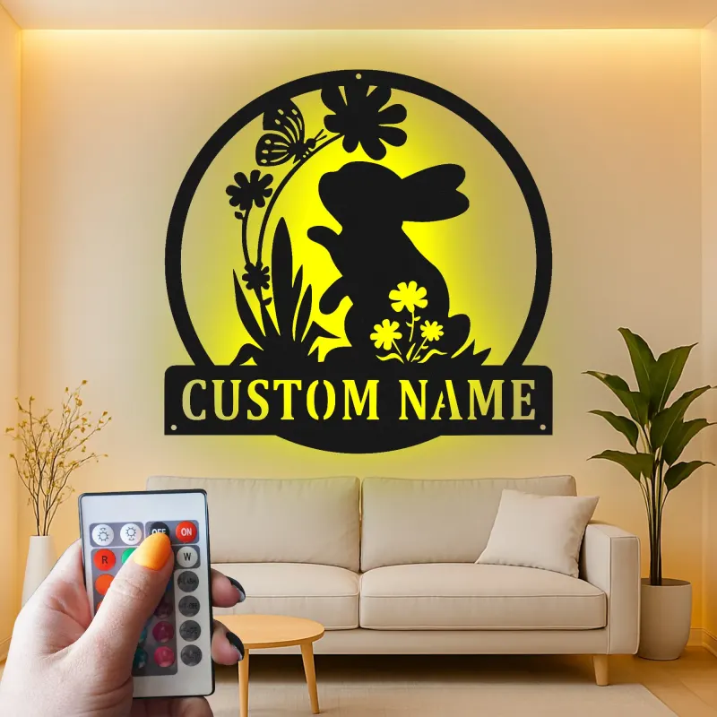 Insegna in metallo LED personalizzata con coniglio e farfalla, regalo per nursery, decorazione per stanza dei bambini