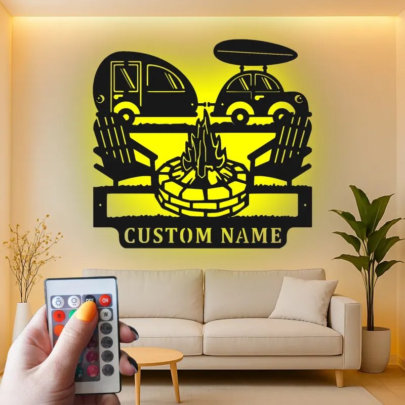 Décoration murale en métal personnalisée avec camping-car et feu de camp, cadeau de camping pour les passionnés de plein air