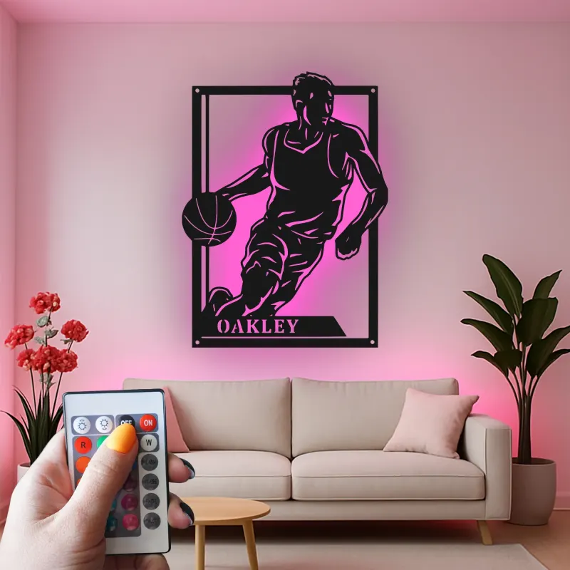 Custom Basketball Player Led Light Metal Wall Art Personalized Sports Gift for Athletes Game Room Decor